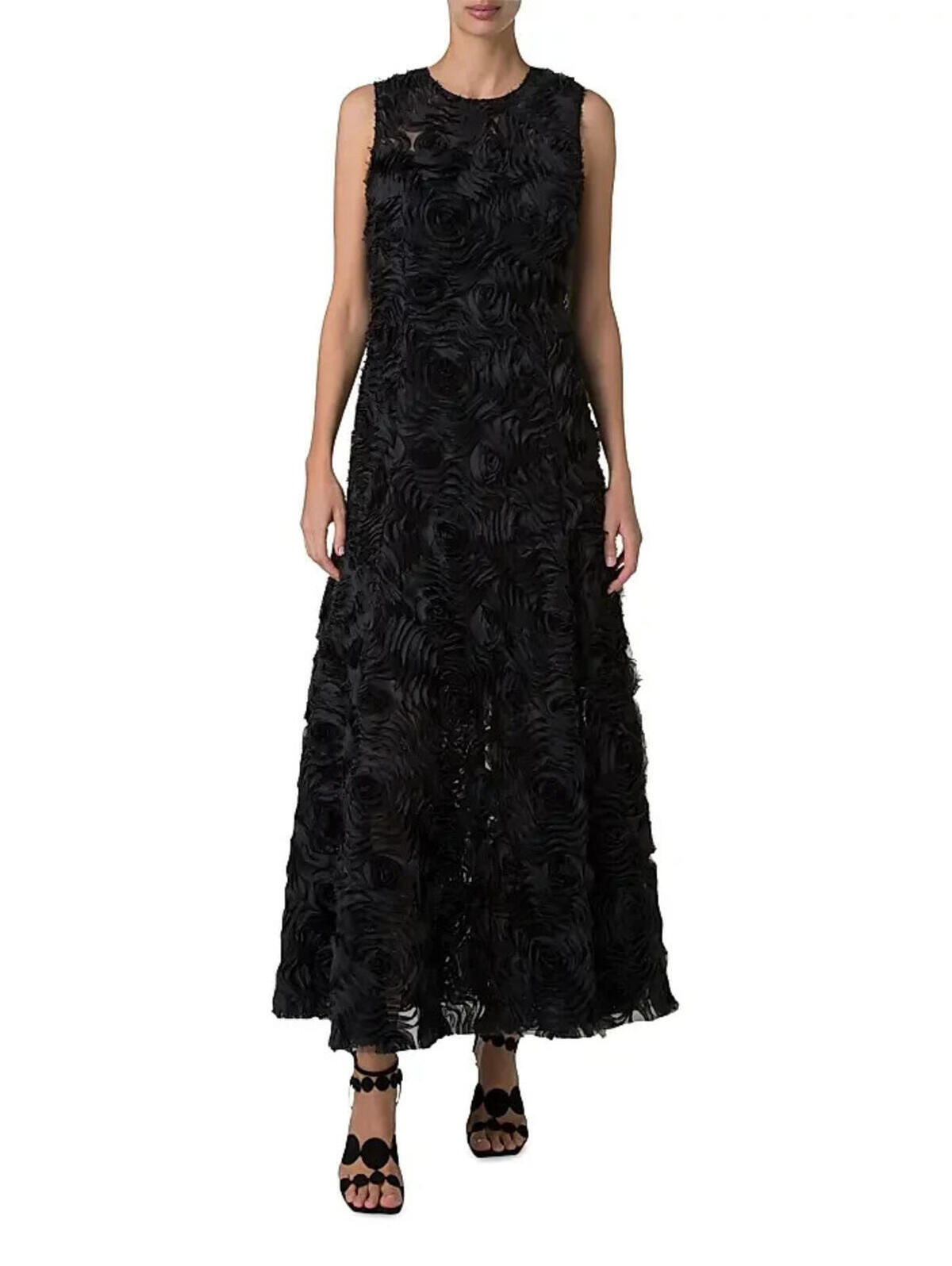 New, Akris 3d Floral Mixed Media A-Line Midi-Dress In Black Sz 12 #Ld305